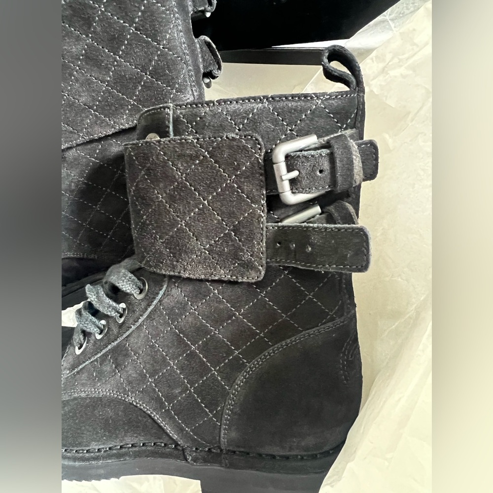 CHANEL Quilted Suede Combat Boots – Black Lace Up - Picture 8 of 17
